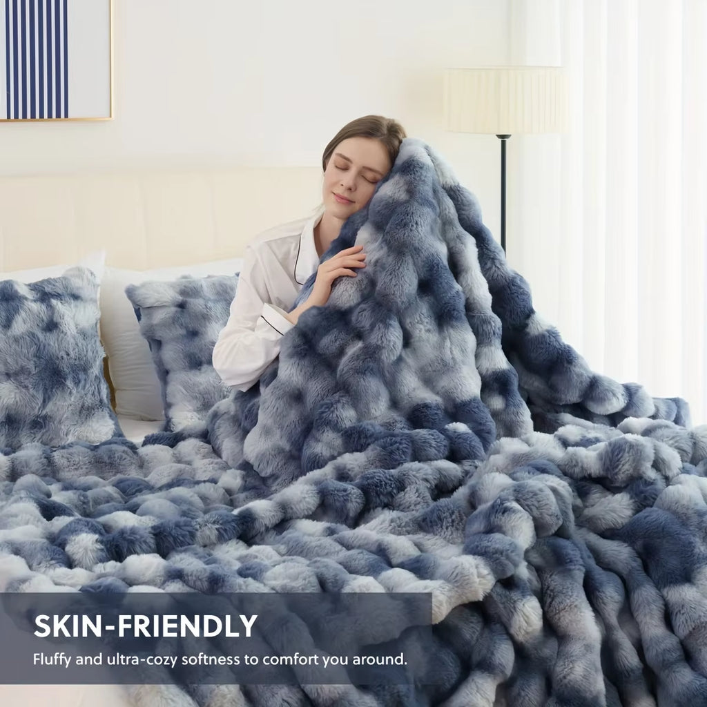 Luxury Faux Rabbit Fur Bubble Blanket - Soft, Warm, and Cozy Throw for Bedroom, Guest Room, and Living Room (4 lbs)