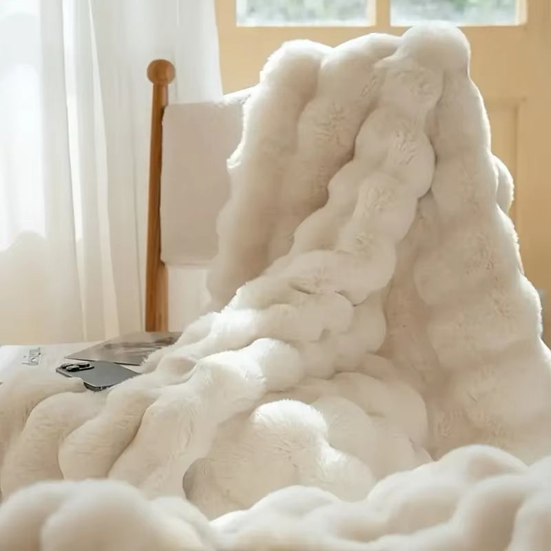 Luxury Faux Rabbit Fur Bubble Blanket - Soft, Warm, and Cozy Throw for Bedroom, Guest Room, and Living Room (4 lbs)